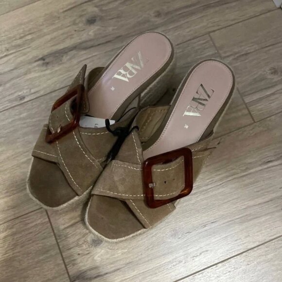 Zara Leather Platform Wedges with Tortoiseshell Buckle EUR 38 - Picture 6 of 9